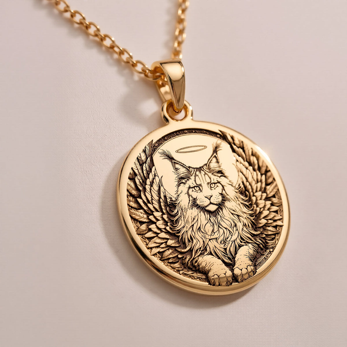 Rose Gold Plated Maine Coon Angel Cat Medallion featuring beloved large breed feline with heavenly wings and halo. Memorial jewelry with detailed long fur and radiant background. Warm-toned rainbow bridge talisman, perfect comfort gift for cat loss.