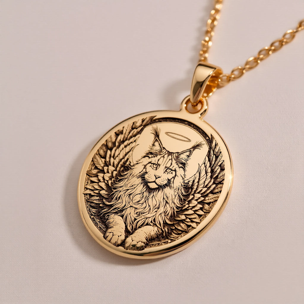 Rose Gold Plated Maine Coon Angel Pendant with memorial design. Warm-toned large cat breed medallion with detailed wings, halo and distinctive features. Rainbow bridge jewelry celebrating eternal love and connection, perfect for grieving cat parents.