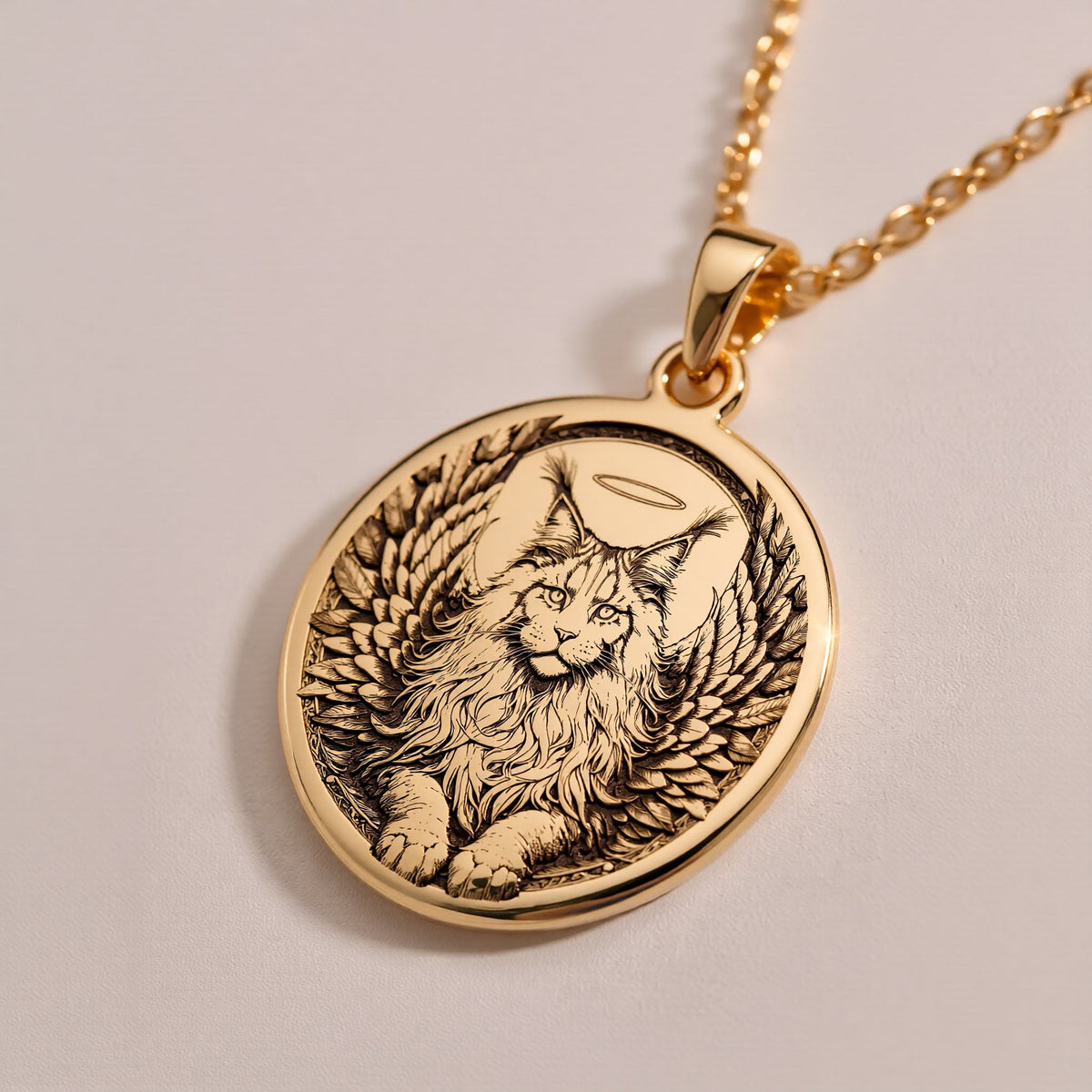 Rose Gold Plated Maine Coon Angel Pendant with memorial design. Warm-toned large cat breed medallion with detailed wings, halo and distinctive features. Rainbow bridge jewelry celebrating eternal love and connection, perfect for grieving cat parents.