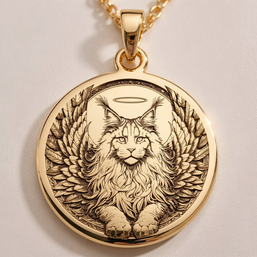 Silver plated Angel Cat Maine Coon Medallion: round Maine Coon cat memorial with engra...