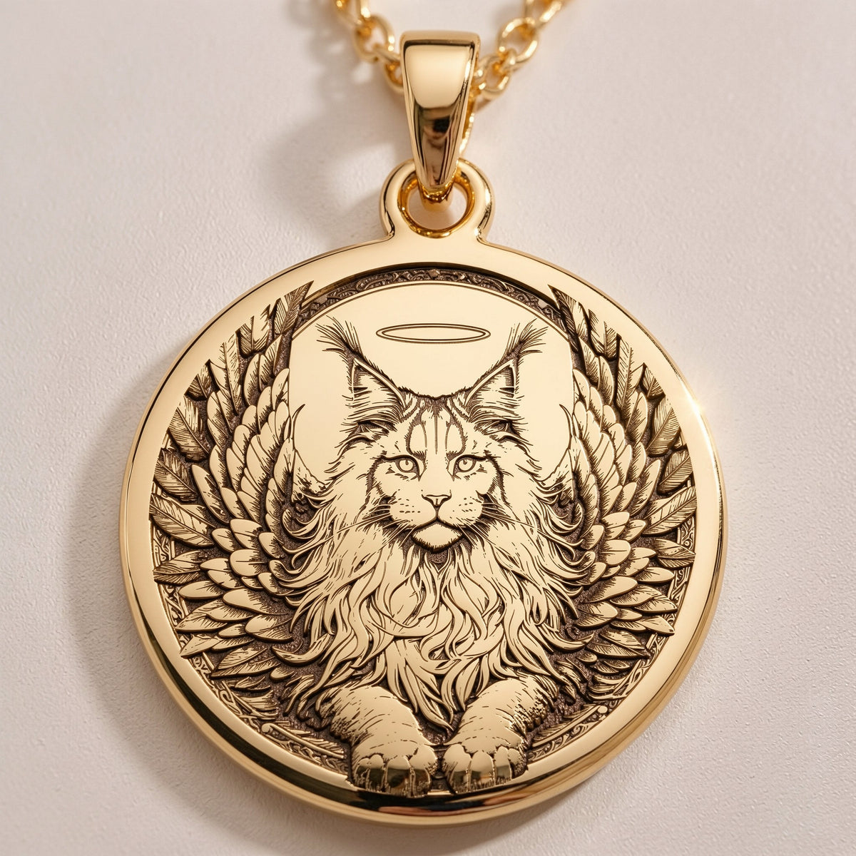 Silver plated Angel Cat Maine Coon Medallion: round Maine Coon cat memorial with engra...