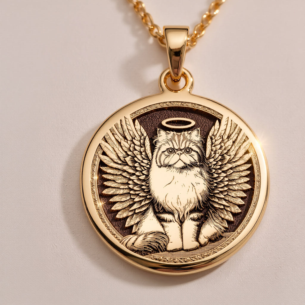Sterling Silver Persian Cat Angel Pendant with detailed memorial design. Handcrafted silver coin charm featuring beloved fluffy breed with wings, halo and ornate elements. Rainbow bridge jewelry celebrating eternal bond with Persian cat companions.