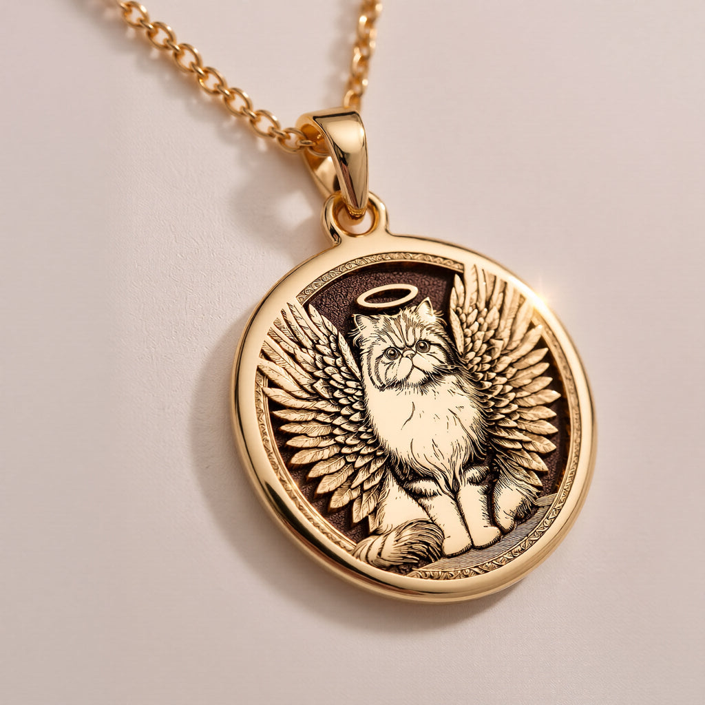 Rose Gold Plated Persian Cat Angel Medallion featuring beloved long-haired breed with heavenly wings and halo. Elegant memorial jewelry with detailed fluffy coat and ornate decorative border. Warm-toned rainbow bridge talisman for Persian cat loss.