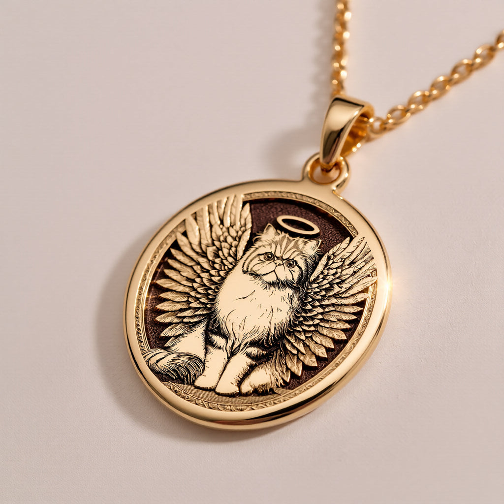 Rose Gold Plated Persian Cat Angel Pendant with memorial design. Warm-toned long-haired breed medallion with detailed wings, halo and characteristic flat face. Rainbow bridge jewelry celebrating eternal love, perfect for grieving Persian parents.