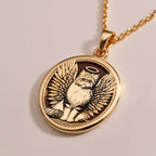Rose Gold Plated Persian Cat Angel Pendant with memorial design. Warm-toned long-haired breed medallion with detailed wings, halo and characteristic flat face. Rainbow bridge jewelry celebrating eternal love, perfect for grieving Persian parents.