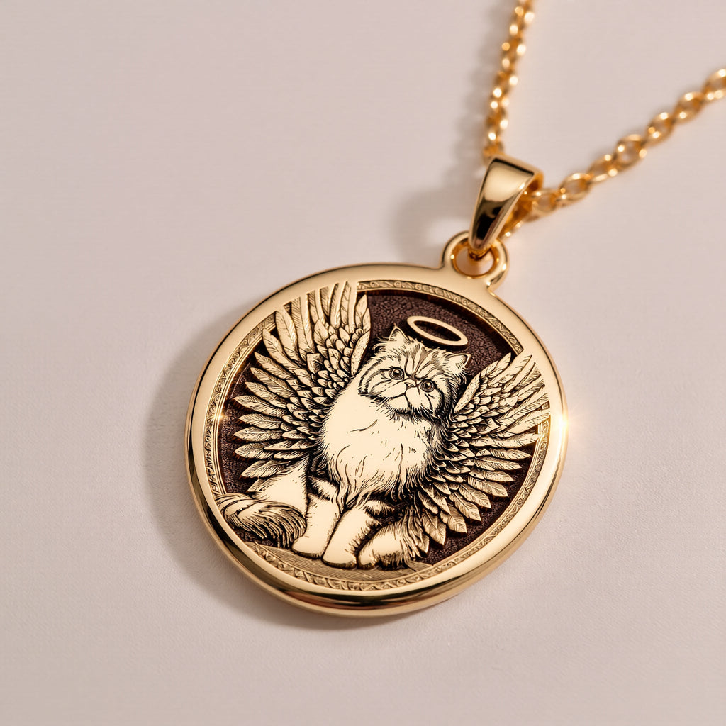Silver plated Persian Cat Angel Medallion Pendant: round  of Persian cat angel with eng...