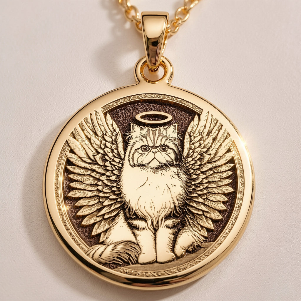 Persian Cat Angel Medallion Pendant | 14K Gold & Silver Options - Pet Memorial Rainbow Bridge Talisman - Image 2
