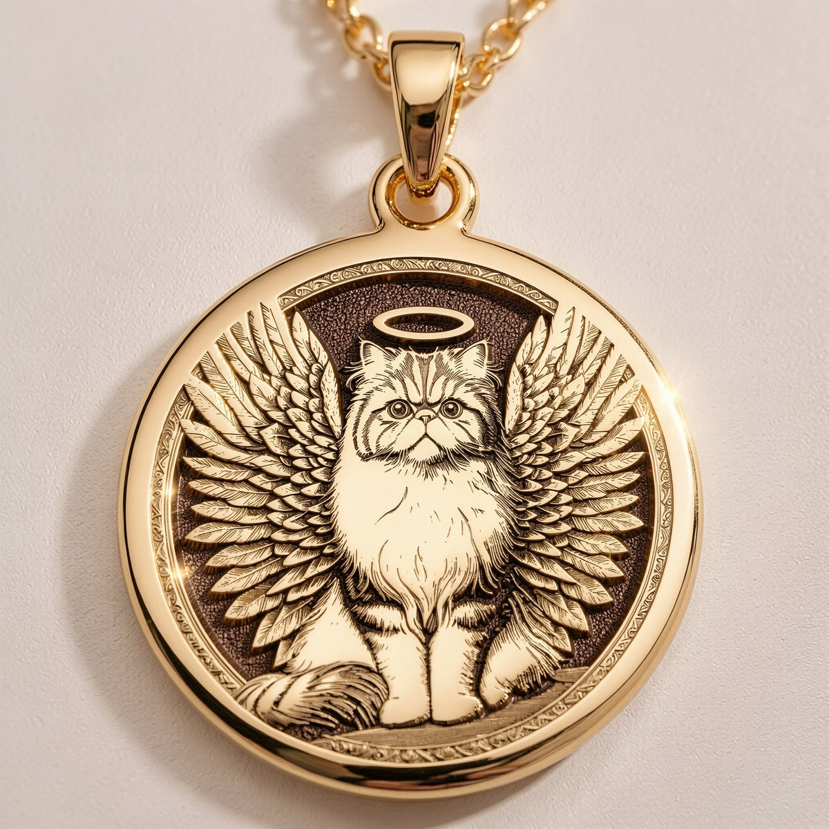 Persian Cat Angel Medallion Pendant | 14K Gold & Silver Options - Pet Memorial Rainbow Bridge Talisman - Image 2