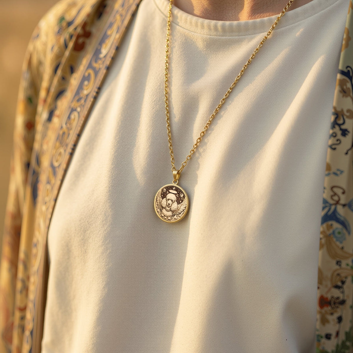 14K Solid Gold Poodle Angel Dog Medallion featuring beloved curly-coated breed with heavenly wings and halo. Detailed memorial talisman with distinctive poodle cut, celestial stars and peaceful expression. Luxury Poodle memorial jewelry gift