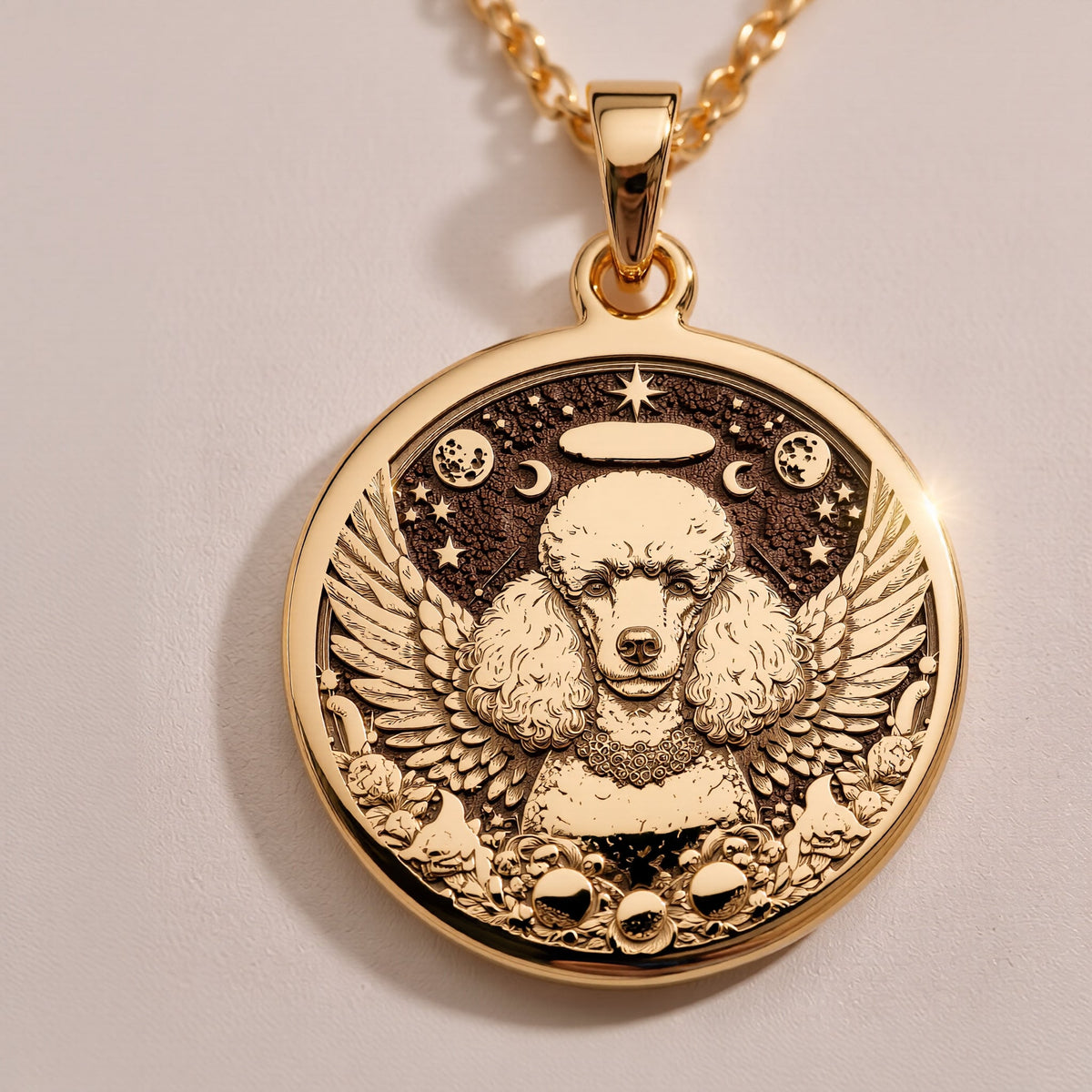 925 Sterling Silver Poodle Angel Pendant with detailed memorial design. Handcrafted silver coin charm featuring beloved curly-coated breed with wings, halo and celestial elements. Rainbow bridge jewelry celebrating eternal bond.