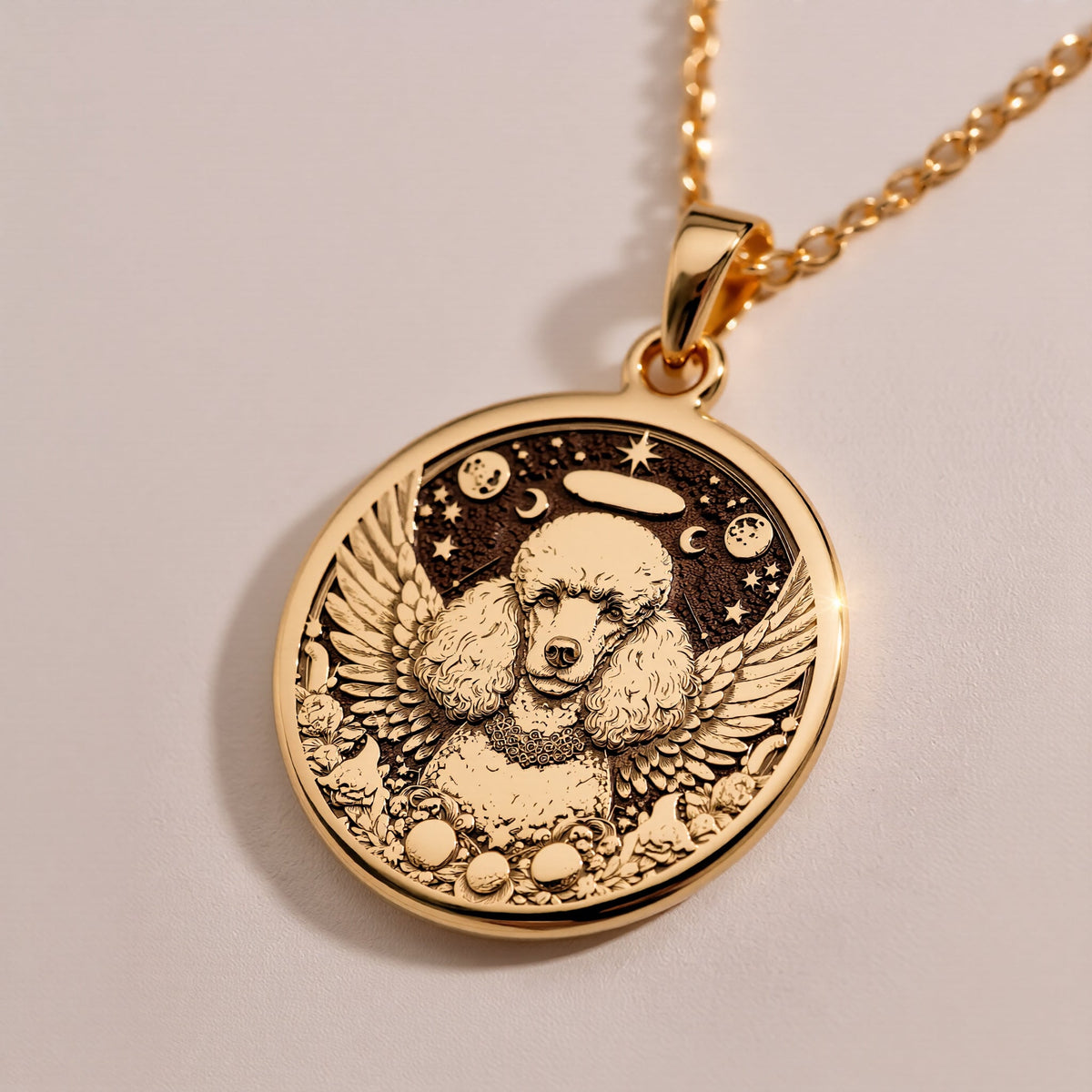 Rose Gold Plated Poodle Angel Pendant with memorial design. Warm-toned elegant breed medallion with detailed wings, halo and peaceful expression. Rainbow bridge jewelry celebrating eternal love and connection, perfect for grieving Poodle parents.