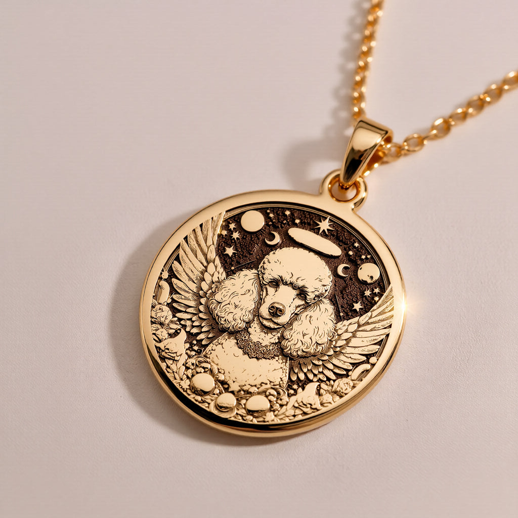 Silver plated Angel Poodle Dog Medallion Pendant: round  size chart 14mm to 35mm diamet...