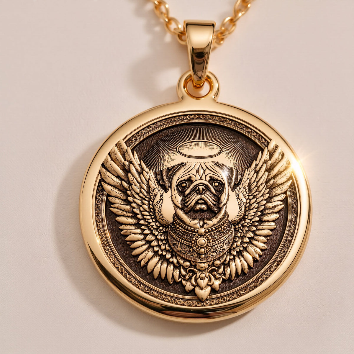 Sterling Silver Pug Angel Pendant with detailed memorial design. Handcrafted silver coin charm featuring beloved wrinkled-face breed with wings, halo and ornate elements. Rainbow bridge jewelry celebrating eternal bond with Pug companions.