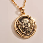 Rose Gold Plated Pug Angel Dog Medallion featuring beloved small breed with heavenly wings and halo. Memorial jewelry with detailed wrinkled face and ornate decorative border. Warm-toned rainbow bridge talisman, perfect comfort gift for Pug loss.