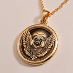 Rose Gold Plated Pug Angel Pendant with memorial design. Warm-toned small breed medallion with detailed wings, halo and characteristic flat face. Rainbow bridge jewelry celebrating eternal love and connection, perfect for grieving Pug parents.