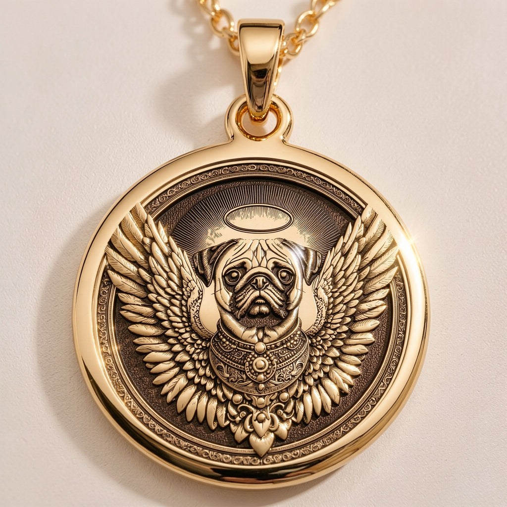 Angel Pug Dog Guardian Medallion | 14K Gold & Silver Options - Pet Memorial Spirit Animal - Image 2