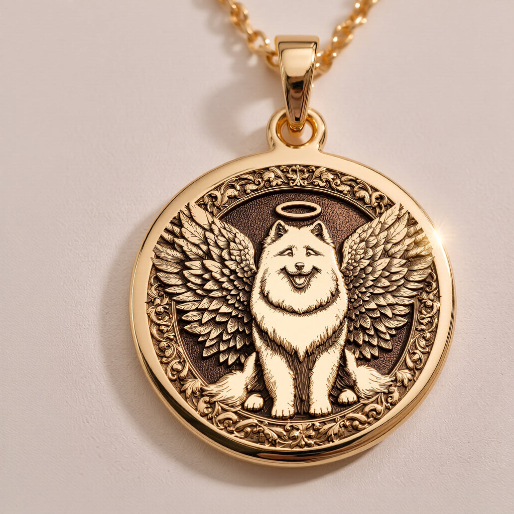 Sterling Silver Samoyed Angel Pendant with detailed memorial design. Handcrafted silver coin charm featuring beloved fluffy arctic breed with wings, halo and ornate elements. Rainbow bridge jewelry celebrating eternal bond with Samoyed companions.