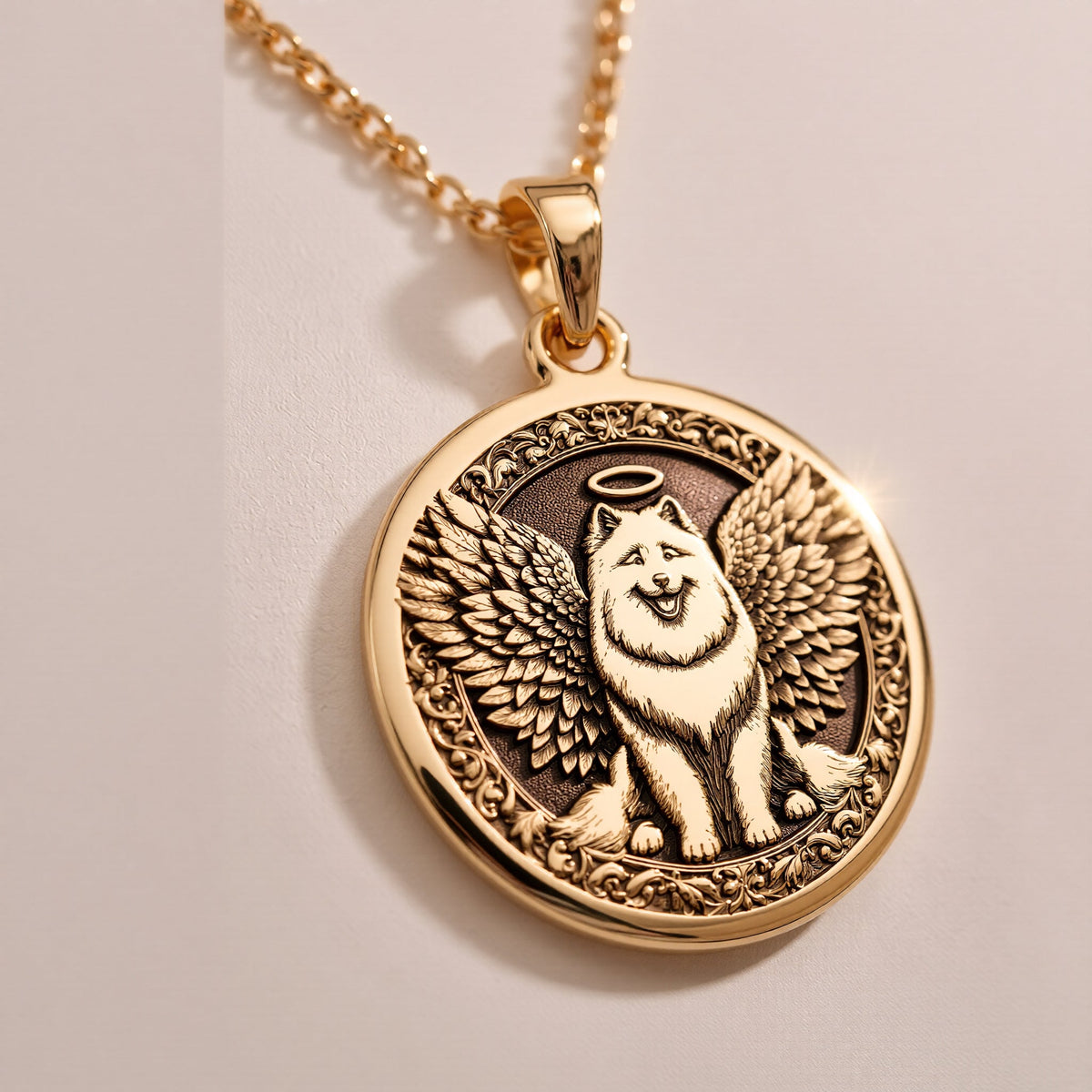 Rose Gold Plated Samoyed Angel Dog Medallion featuring beloved arctic breed with heavenly wings and halo. Elegant memorial jewelry with detailed fluffy white coat and ornate decorative border. Warm-toned rainbow bridge talisman for Samoyed loss.