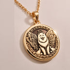 Rose Gold Plated Samoyed Angel Dog Medallion featuring beloved arctic breed with heavenly wings and halo. Elegant memorial jewelry with detailed fluffy white coat and ornate decorative border. Warm-toned rainbow bridge talisman for Samoyed loss.