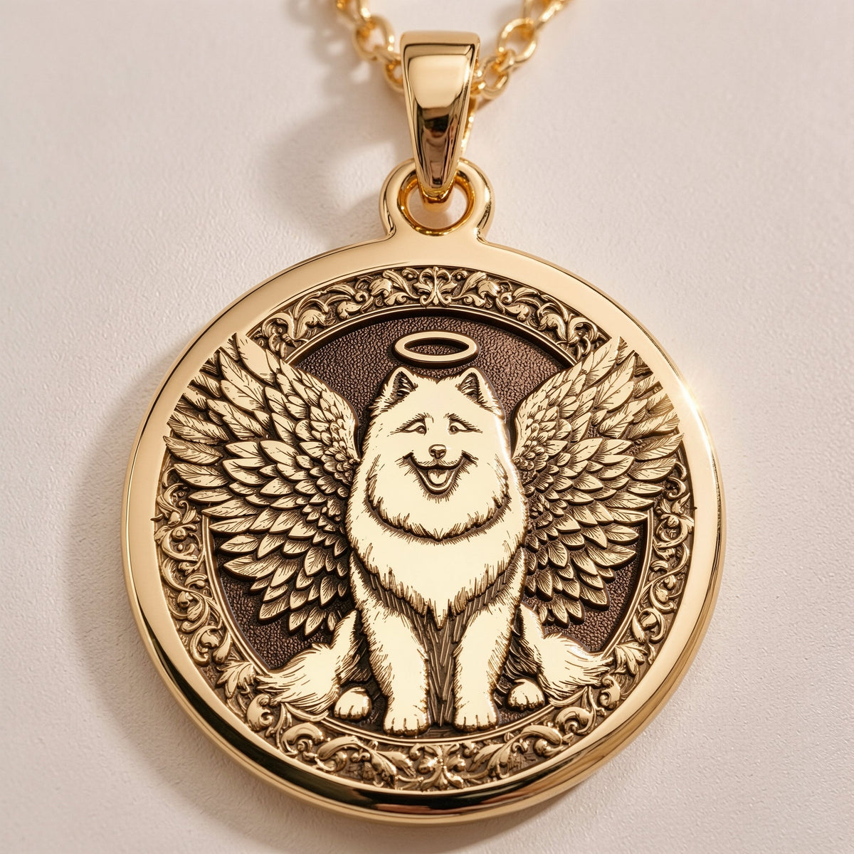Angel Dog Samoyed Medallion | 14K Gold & Silver Options - Pet Memorial Rainbow Bridge Charm - Image 2
