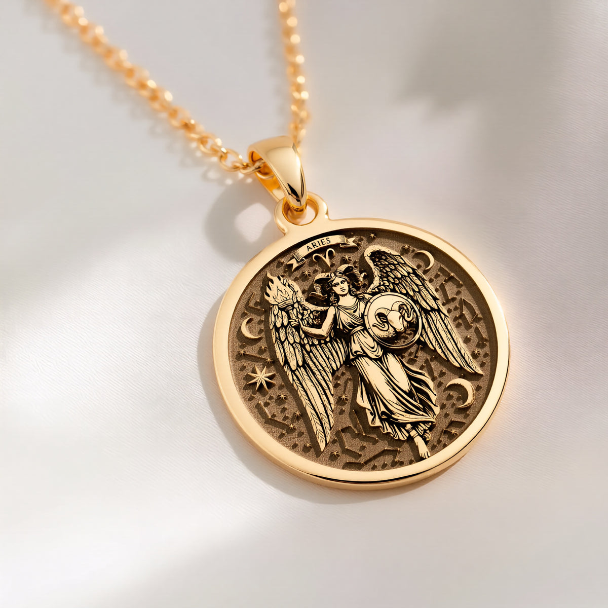 14K solid gold Aries Ram Zodiac Pendant: round  Aries zodiac sign with engraved winged ...