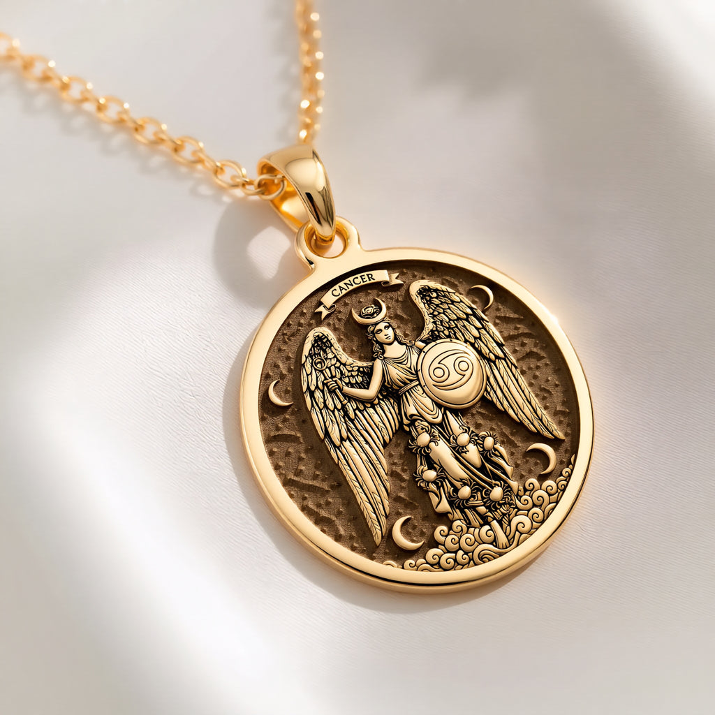 14K solid gold Cancer Zodiac Sign Necklace: round  of Cancer zodiac sign with engraved ...