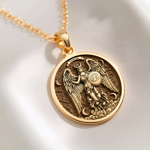 14K solid gold Cancer Zodiac Sign Necklace: round  of Cancer zodiac sign with engraved ...