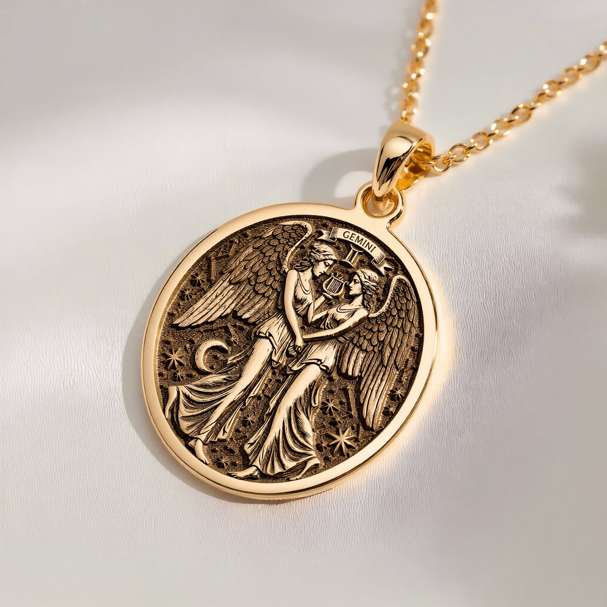 14K solid gold Gemini Zodiac Medallion Necklace: round  of Gemini zodiac sign with engr...