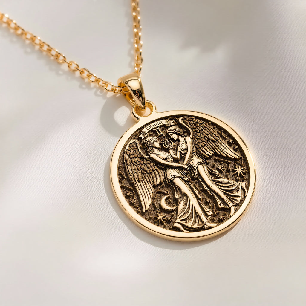 14K solid gold Gemini Zodiac Medallion Necklace: round  of Gemini zodiac air sign with ...