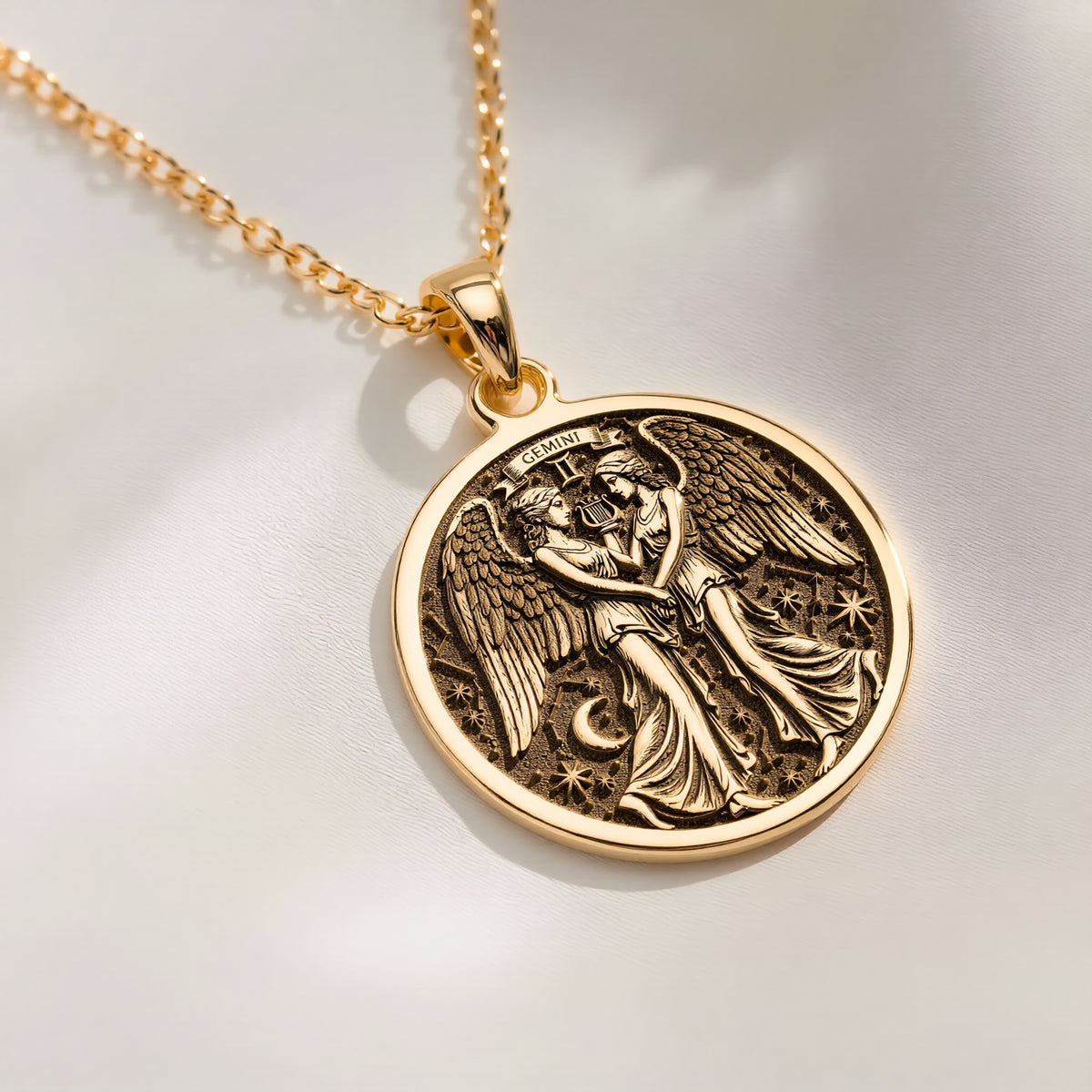 14K solid gold Gemini Zodiac Medallion Necklace: round  of Gemini zodiac air sign with ...
