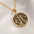 14K solid gold Gemini Zodiac Medallion Necklace: round  of Gemini zodiac air sign with ...