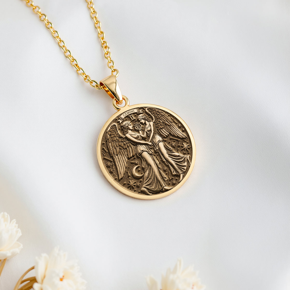 14K solid gold Gemini Zodiac Medallion Necklace: round  of Gemini zodiac sign with engr...