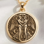 14K solid gold Gemini Zodiac Medallion Necklace: round  of Gemini zodiac sign two winge...