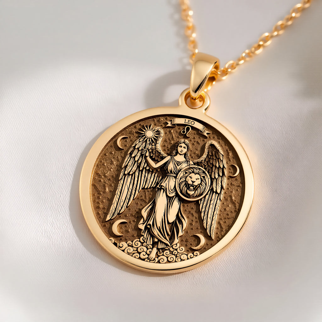 14K solid gold Leo Zodiac Sign Pendant: round  of Leo zodiac sign engraved winged godde...