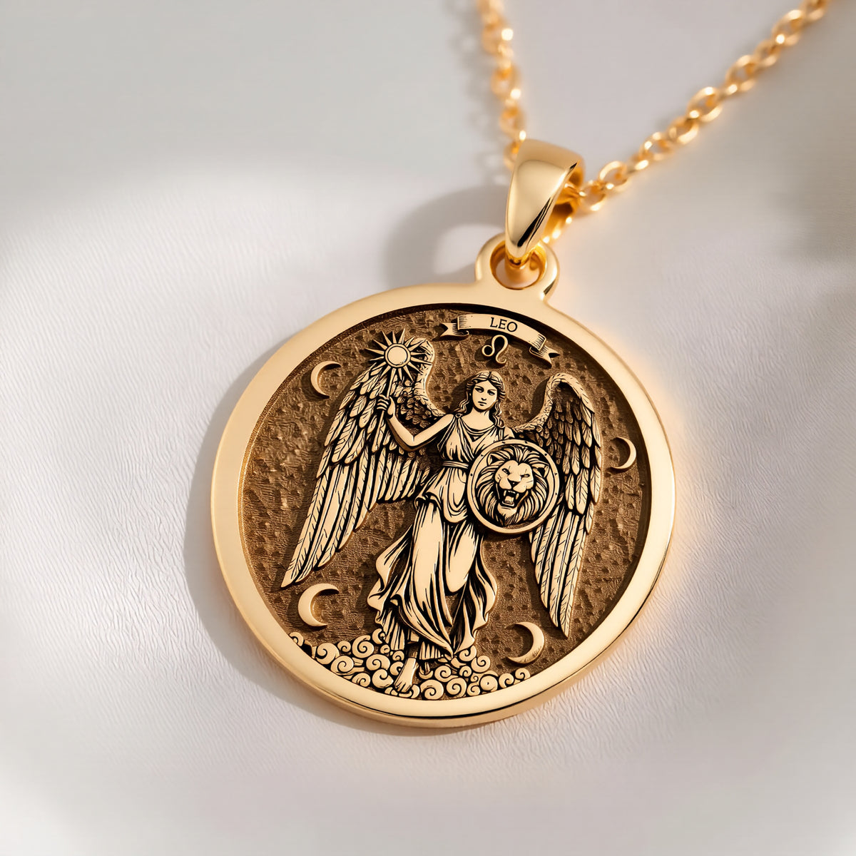 14K solid gold Leo Zodiac Sign Pendant: round  of Leo zodiac sign engraved winged godde...