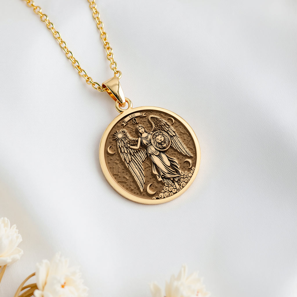 14K solid gold Leo Zodiac Sign Pendant: round  Leo zodiac sign with engraved winged ang...