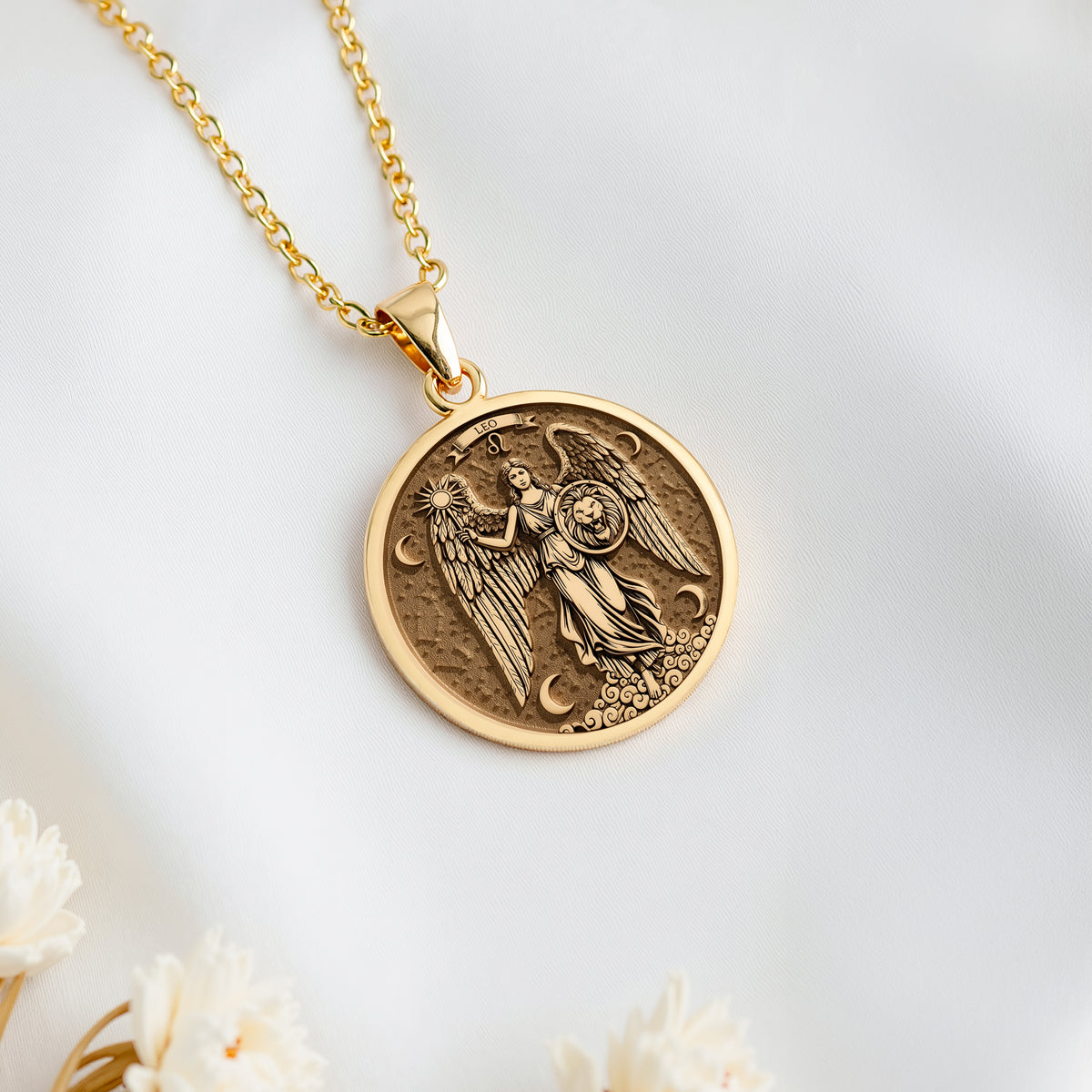 14K solid gold Leo Zodiac Sign Pendant: round  Leo zodiac sign with engraved winged ang...