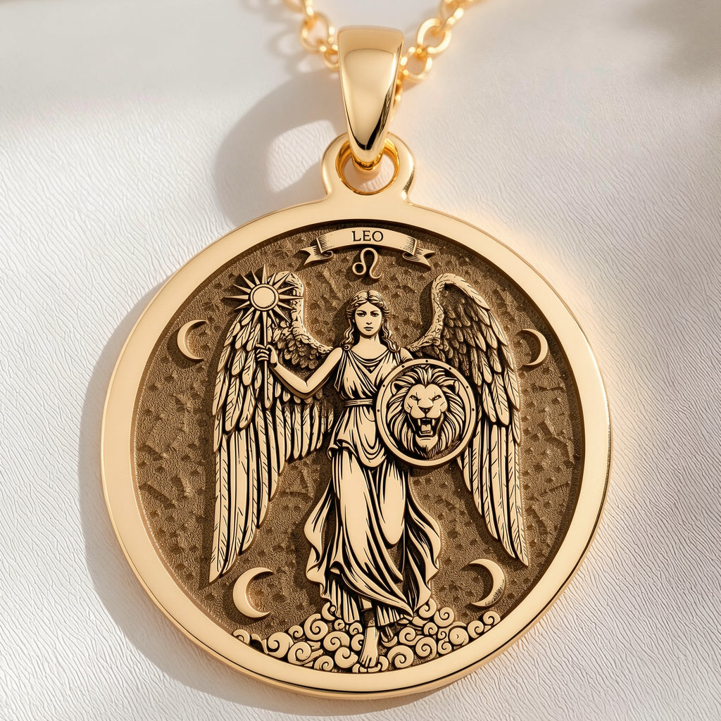 14K solid gold Leo Zodiac Sign Pendant: round  of Leo zodiac sign with engraved winged ...