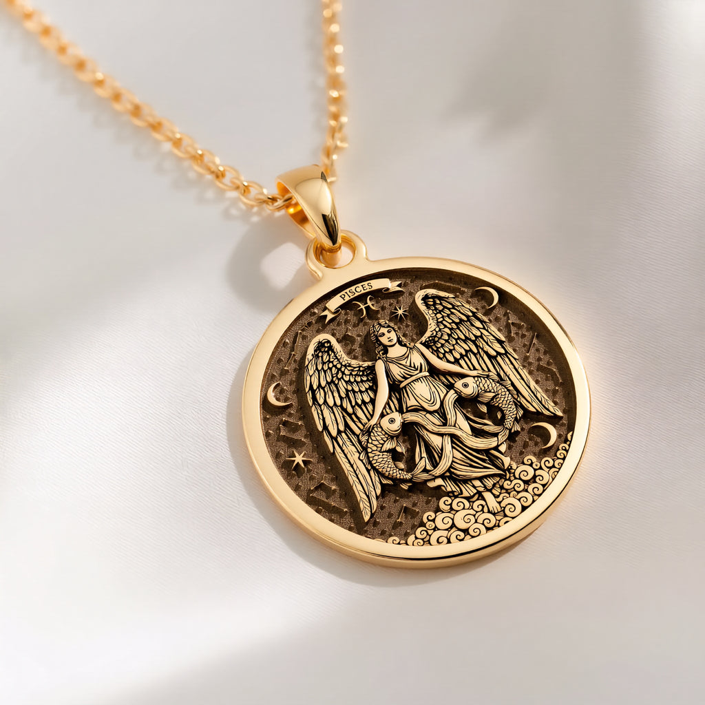 14K solid gold Pisces Zodiac Astrological Sign Necklace: round  Pisces zodiac sign with...