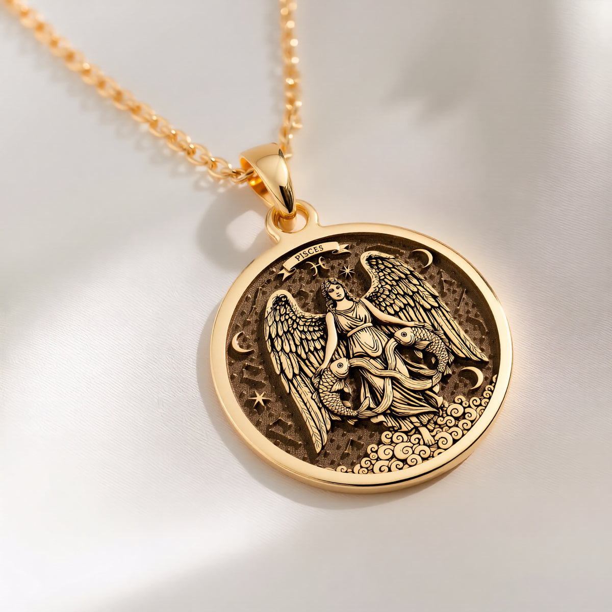 14K solid gold Pisces Zodiac Astrological Sign Necklace: round  Pisces zodiac sign with...
