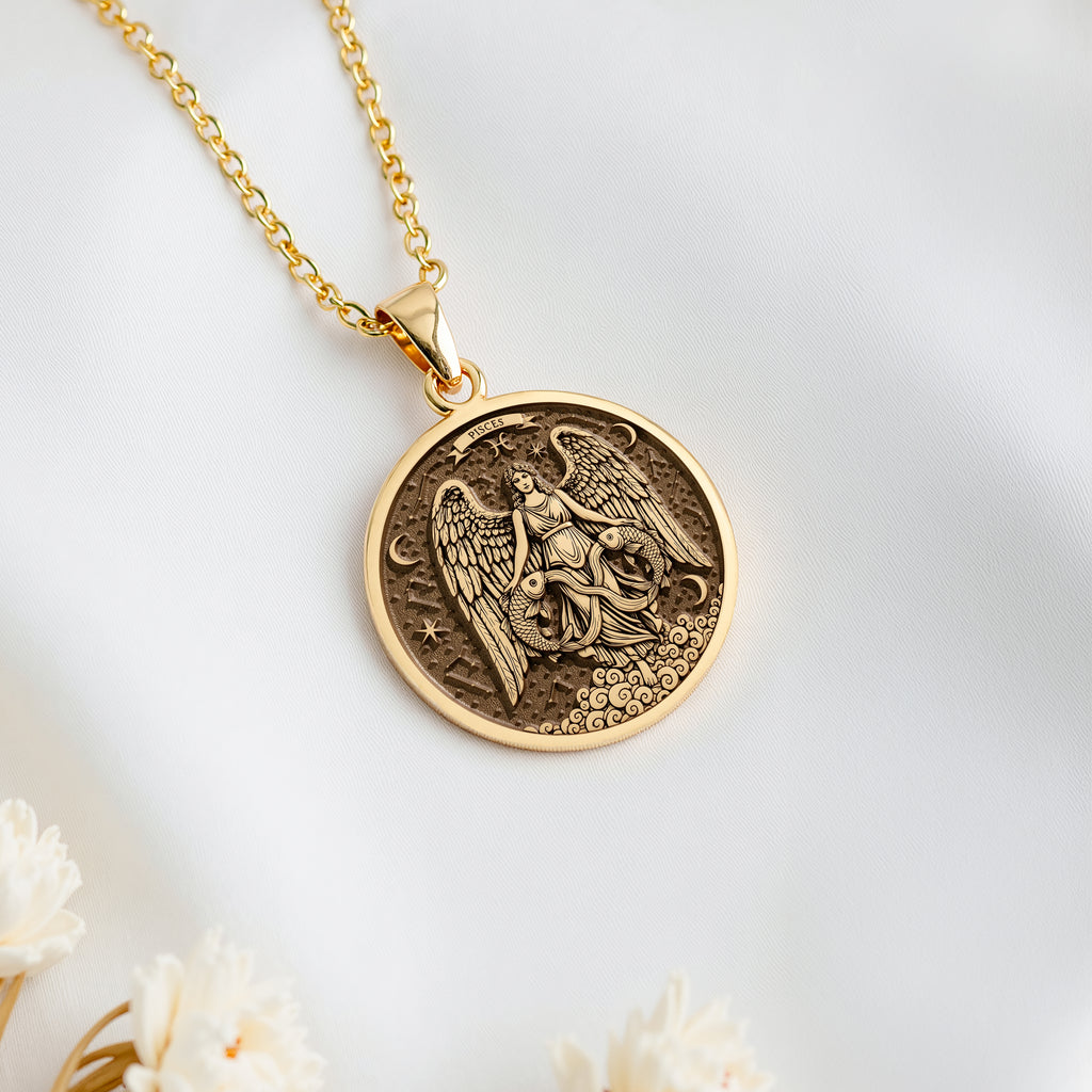 14K solid gold Pisces Zodiac Astrological Sign Necklace: round  of Pisces zodiac sign w...