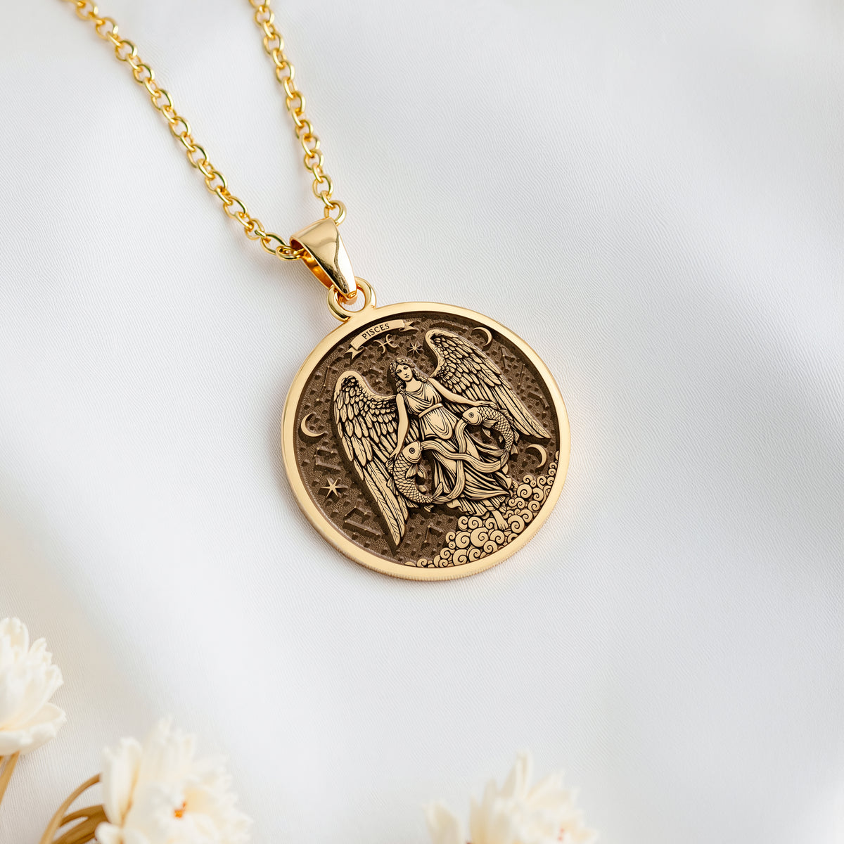 14K solid gold Pisces Zodiac Astrological Sign Necklace: round  of Pisces zodiac sign w...