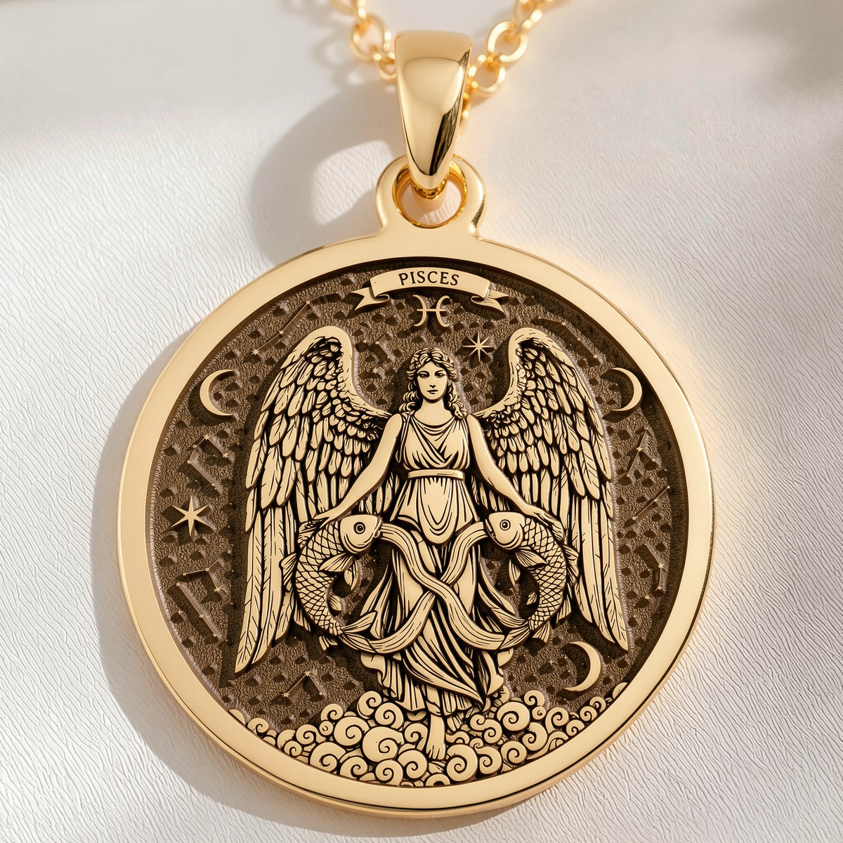 14K solid gold Pisces Zodiac Astrological Sign Necklace: round  of Pisces zodiac sign w...