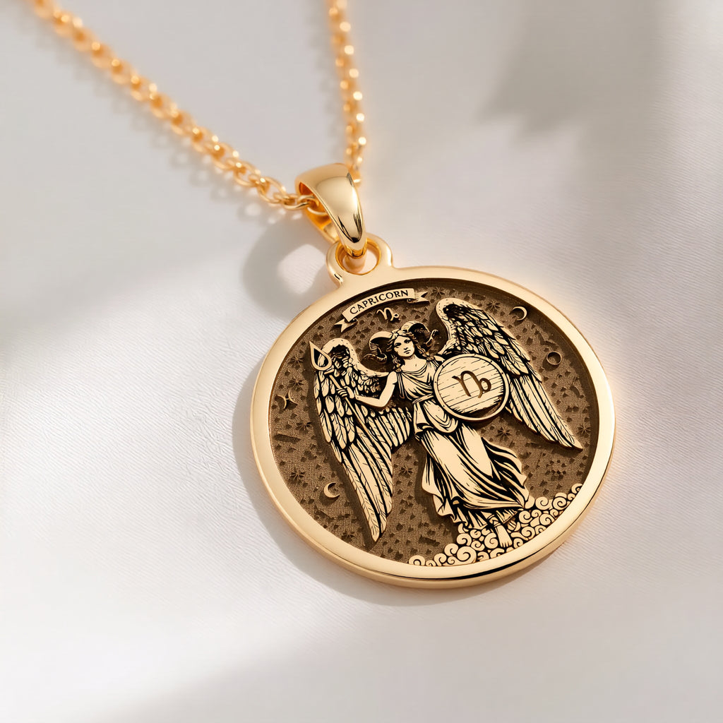 14K solid gold Capricorn Zodiac Medallion Necklace: round  Capricorn zodiac sign with e...