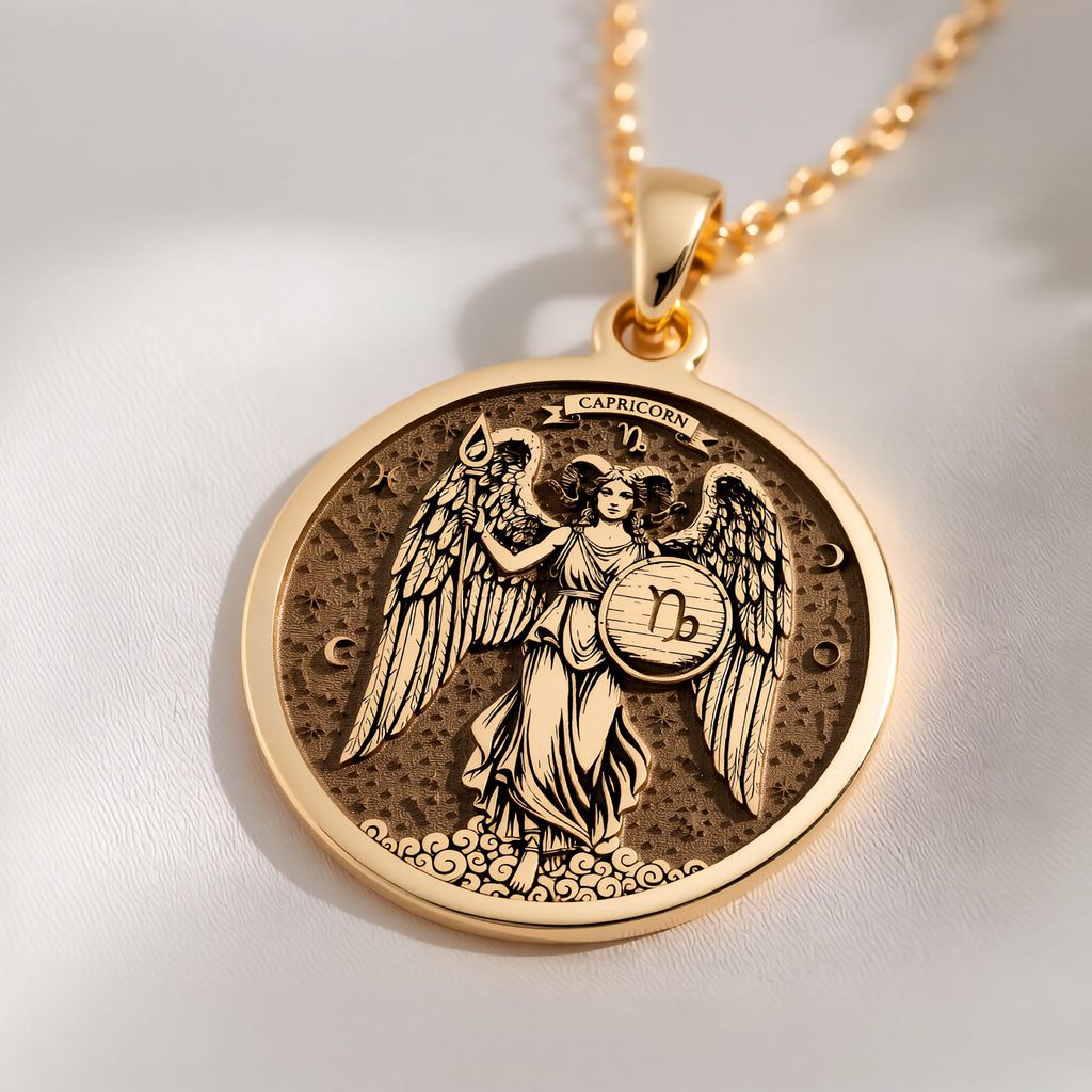 14K solid gold Capricorn Zodiac Medallion Necklace: round  of Capricorn zodiac sign wit...