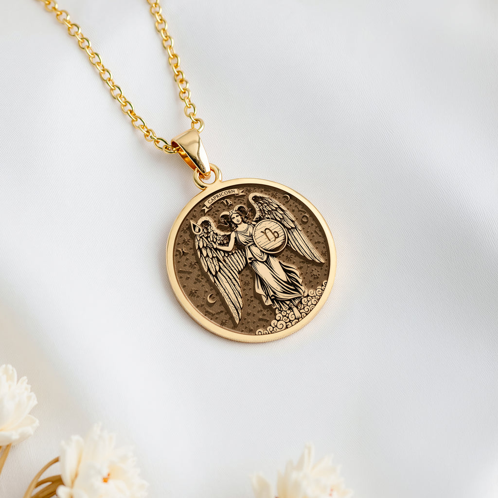 14K solid gold Capricorn Zodiac Medallion Necklace: round  Capricorn zodiac sign with e...
