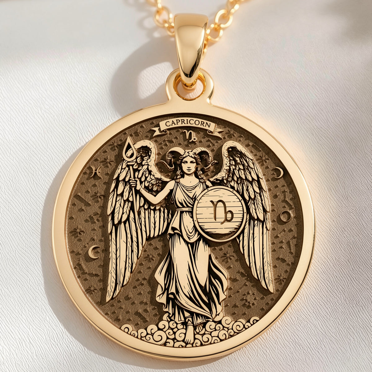 14K solid gold Capricorn Zodiac Medallion Necklace: round  Capricorn zodiac sign with e...
