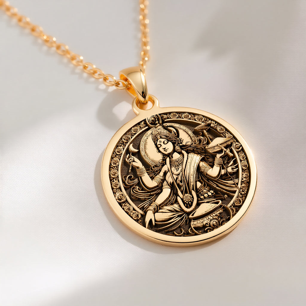14K solid gold Devi Annapurna Goddess Pendant Necklace: round  of Devi Annapurna Hindu ...