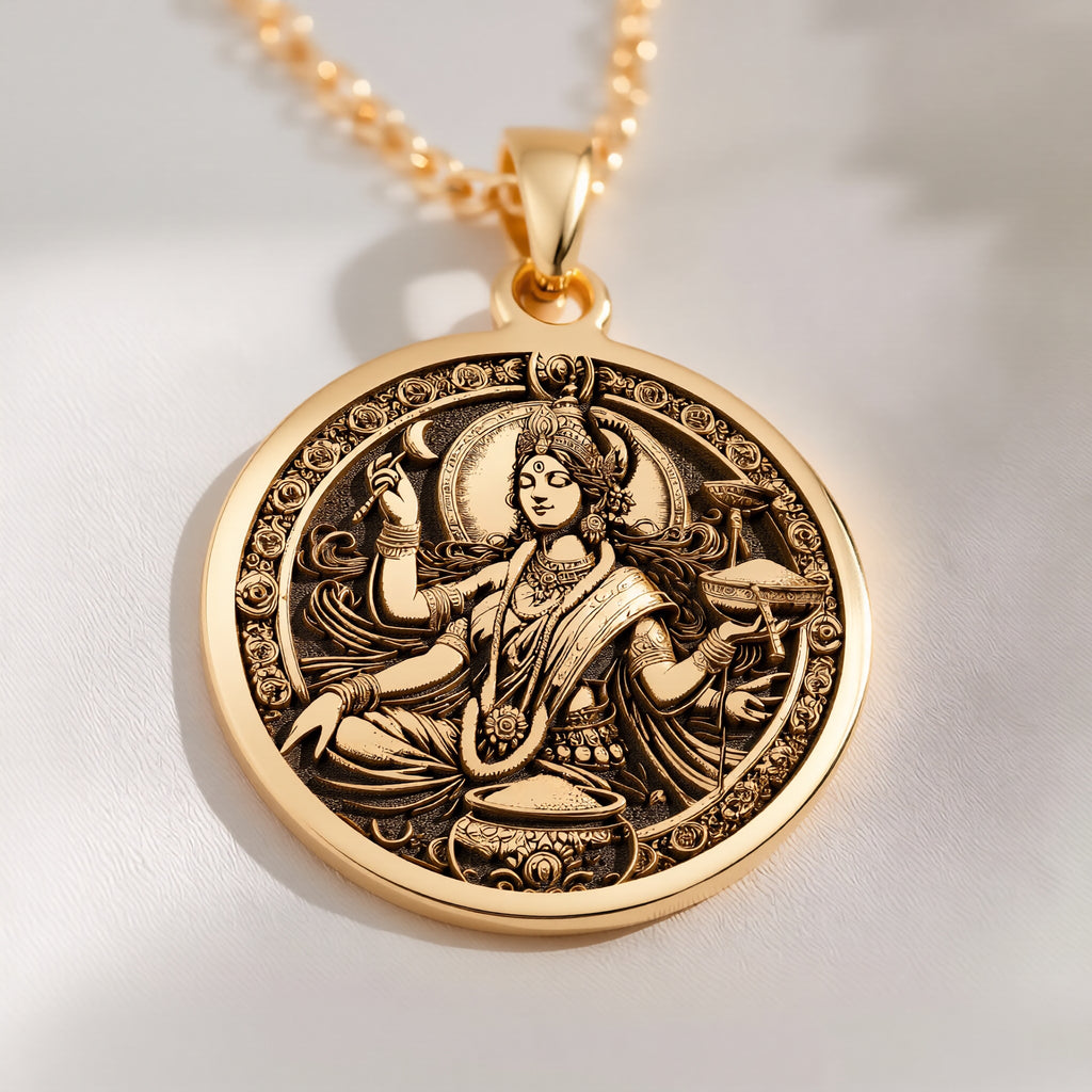 14K solid gold Devi Annapurna Goddess Pendant Necklace: round  of Devi Annapurna Hindu ...
