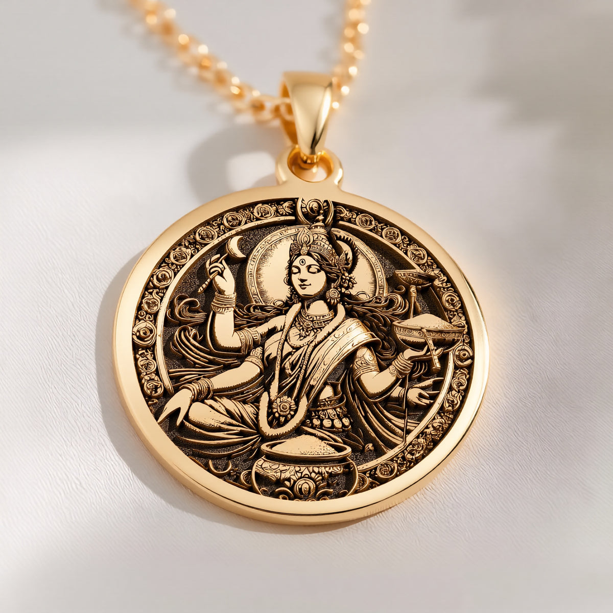 14K solid gold Devi Annapurna Goddess Pendant Necklace: round  of Devi Annapurna Hindu ...
